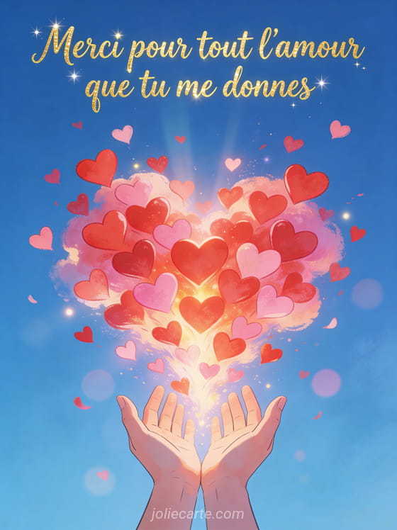 Mains libérant un nuage de coeurs rouges et roses dans un ciel bleu avec rayons de soleil et effet bokeh