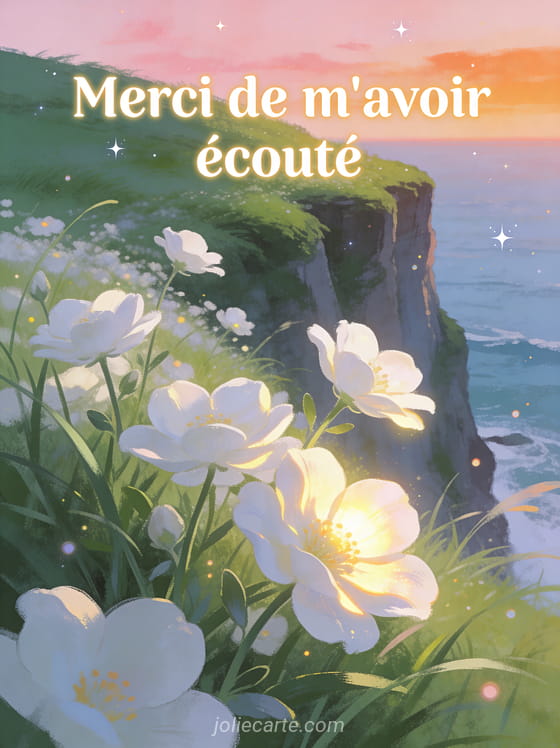 Fleurs blanches délicates au bord d'une falaise verdoyante surplombant la mer au soleil couchant avec le texte Merci de m'avoir écouté