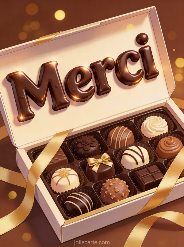 Boîte de chocolats ouverte avec pralines assorties décorées, ruban doré sur fond brun chaud avec bokeh doré