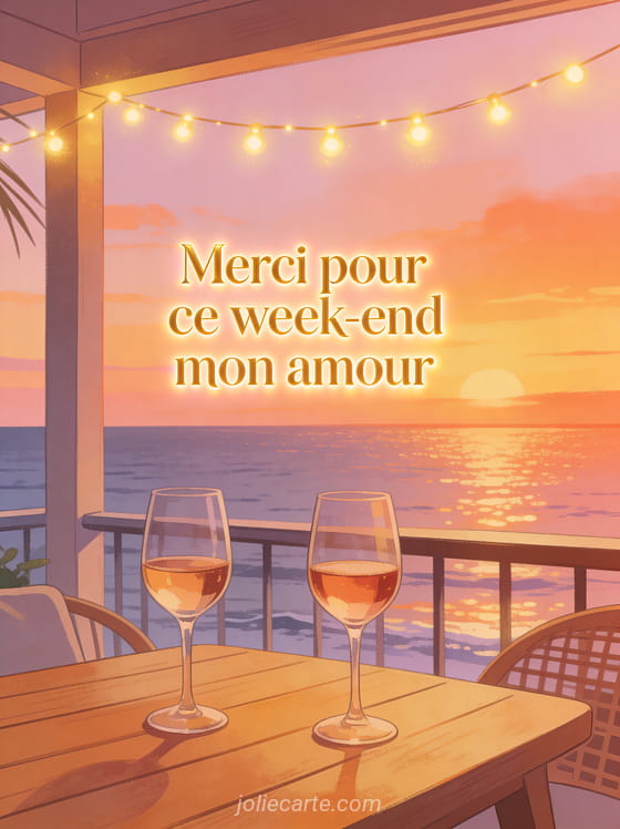 Terrasse avec vue sur la mer au coucher du soleil avec deux verres de vin et guirlande lumineuse et le texte Merci pour ce week-end