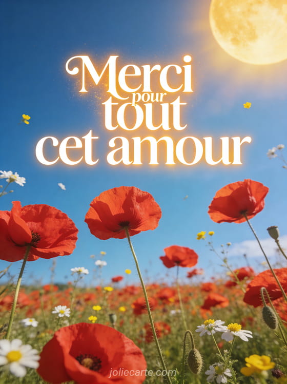 Champ de coquelicots rouges sous un ciel bleu avec soleil doré et petites fleurs sauvages blanches et jaunes