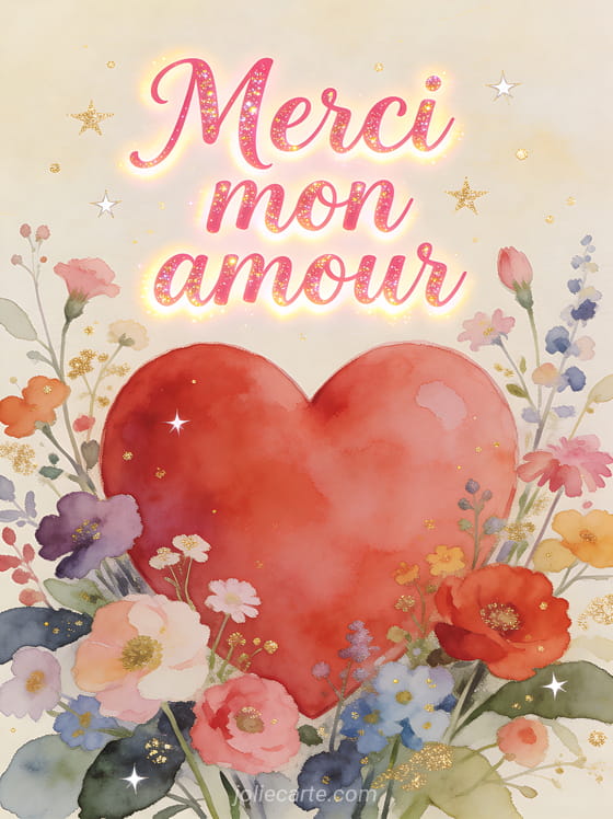 Grand coeur rouge aquarelle entouré de fleurs sauvages colorées sur fond crème avec le texte Merci mon amour en lettres roses