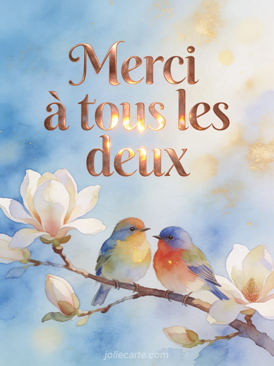 Deux petits oiseaux colorés côte à côte sur une branche de magnolia en fleur sur fond bleu pastel avec le texte Merci à tous les deux