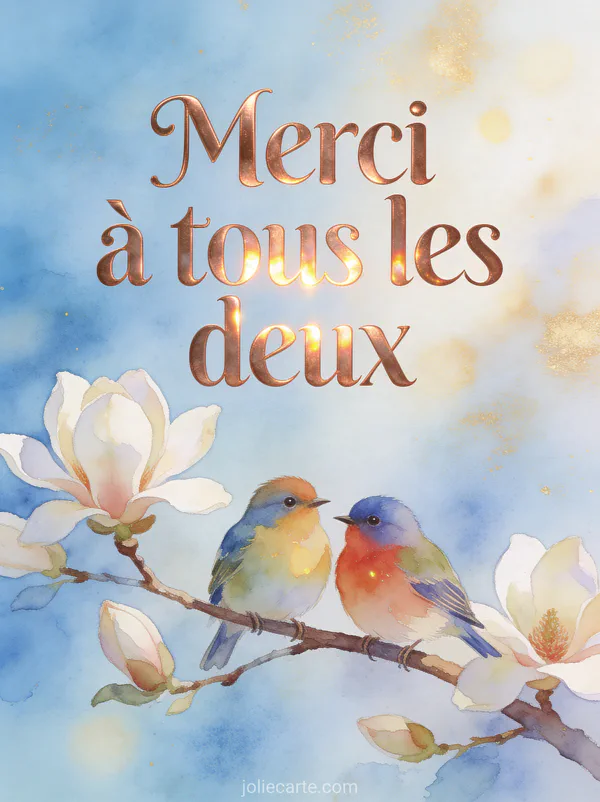 Deux petits oiseaux colorés côte à côte sur une branche de magnolia en fleur sur fond bleu pastel avec le texte Merci à tous les deux