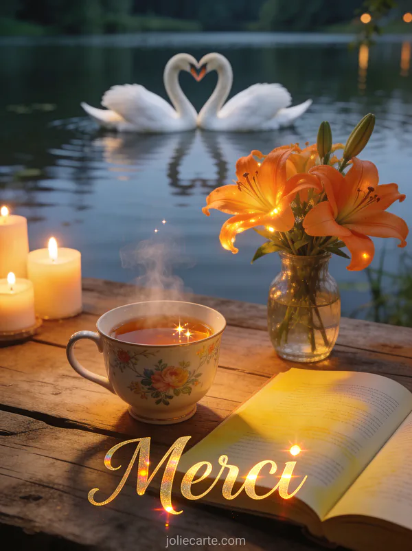 Tasse de thé fumante décorée près d'un livre ouvert avec bouquet de lys oranges et cygnes blancs en arrière-plan avec le texte Merci