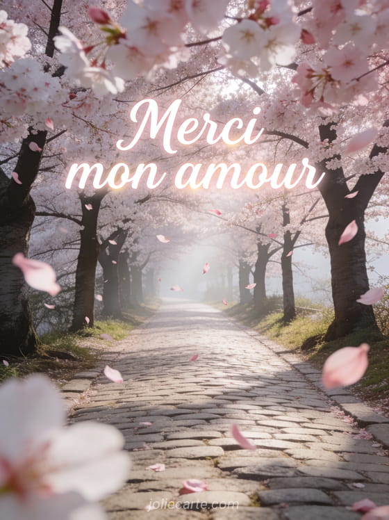 Allée de cerisiers en fleurs avec pétales roses volant dans la brise, chemin pavé et lumière tamisée du matin