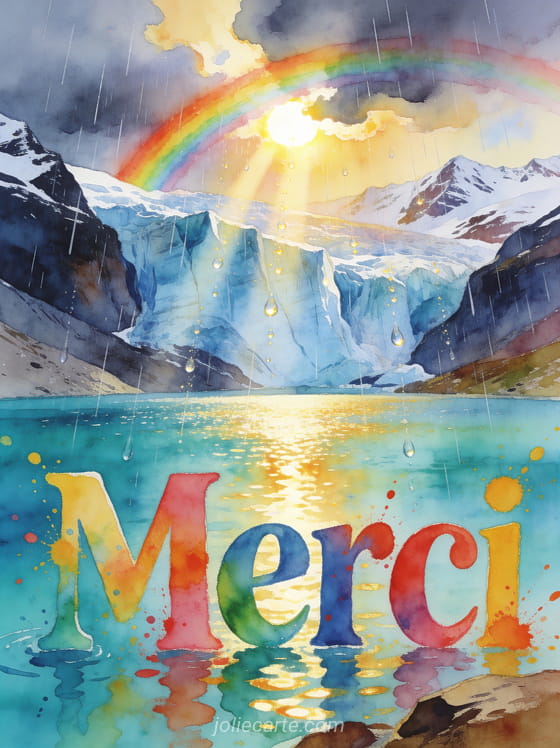 Lettres merci aquarelle multicolores avec glacier majestueux, lac turquoise et arc-en-ciel sous une pluie d'été