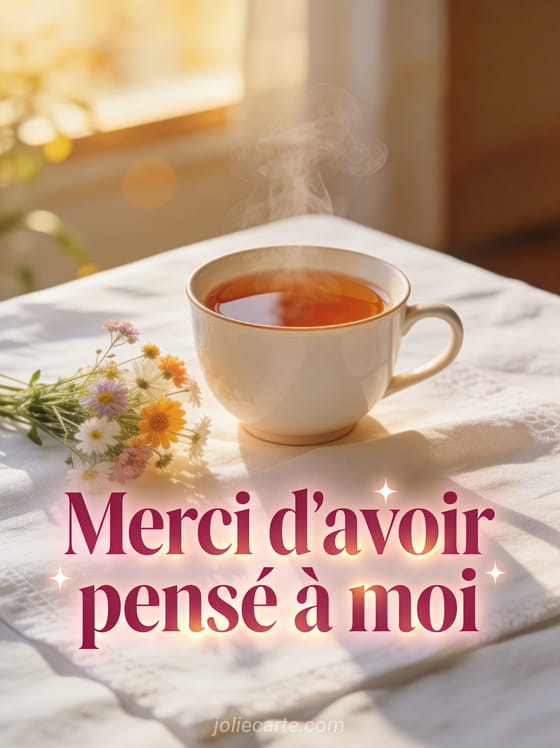 Tasse de thé fumante à côté d'un bouquet de fleurs des champs sur nappe blanche en lumière matinale avec le texte Merci d'avoir pensé à moi