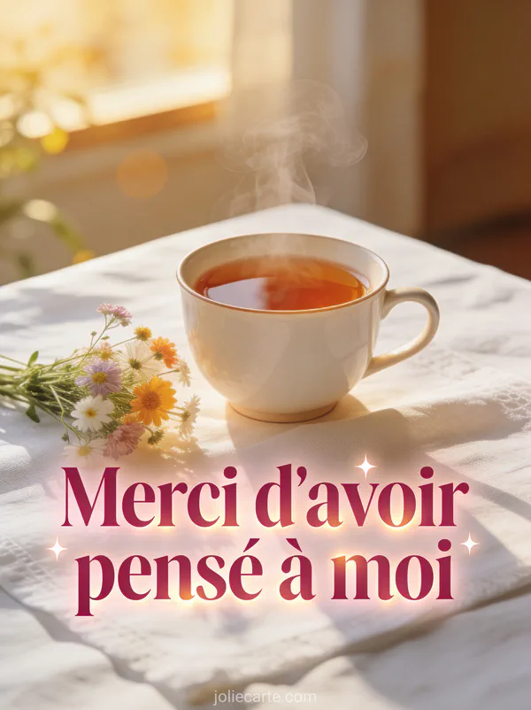 Tasse de thé fumante à côté d'un bouquet de fleurs des champs sur nappe blanche en lumière matinale avec le texte Merci d'avoir pensé à moi