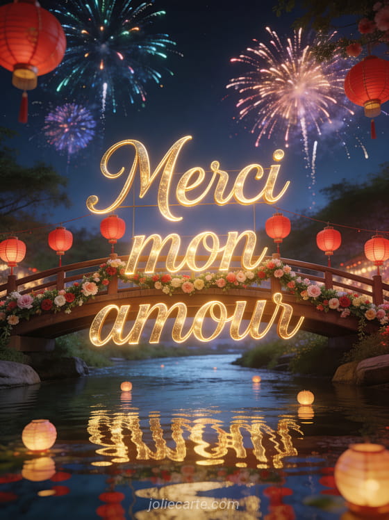 Pont en bois décoré de lanternes rouges et guirlandes fleuries au-dessus d'une rivière avec feux d'artifice