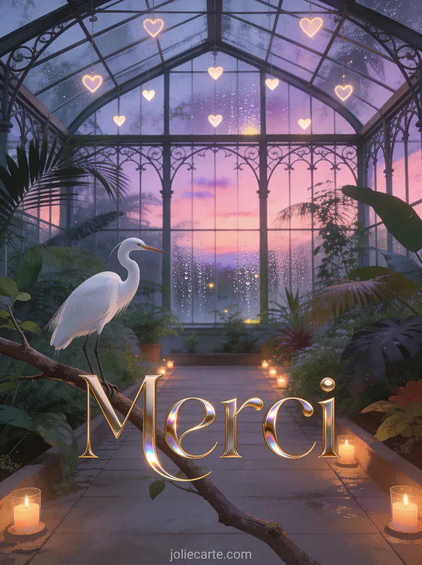 Serre tropicale avec verrière en fer forgé, aigrette blanche sur une branche, coeurs lumineux suspendus et crépuscule rose