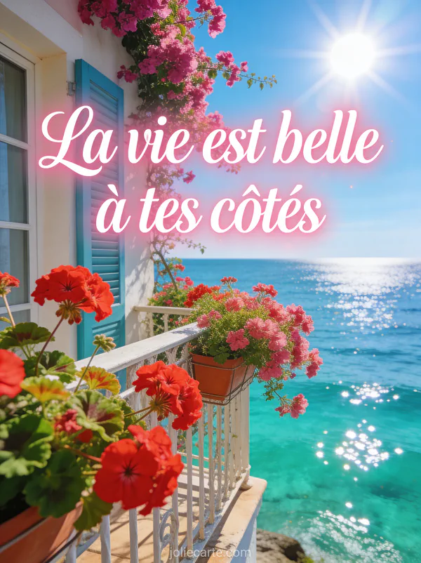 Balcon fleuri de géraniums rouges et bougainvilliers avec vue sur la mer turquoise et soleil éclatant