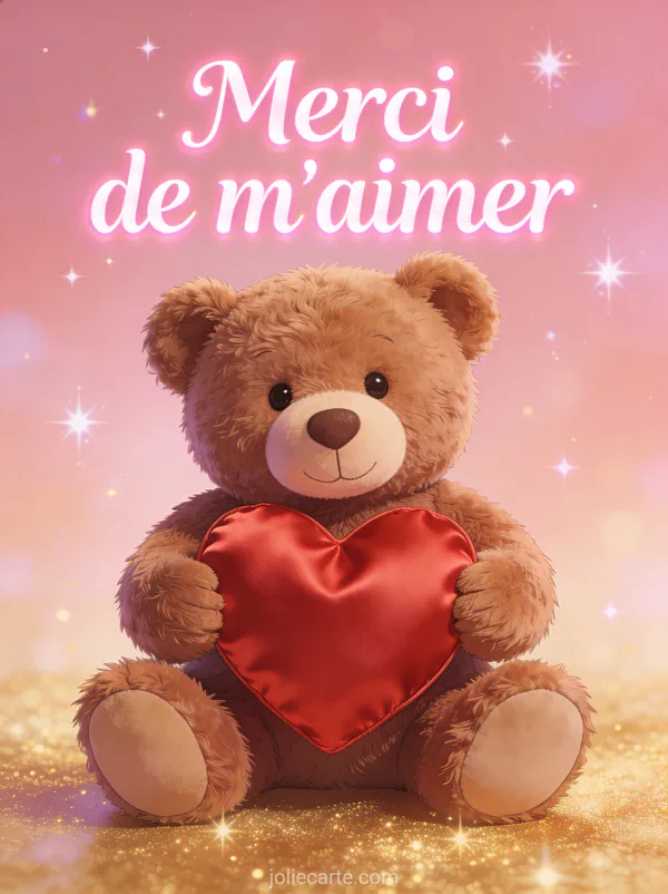 Ours en peluche brun tenant un grand coeur rouge en satin sur fond rose et doré avec étoiles scintillantes