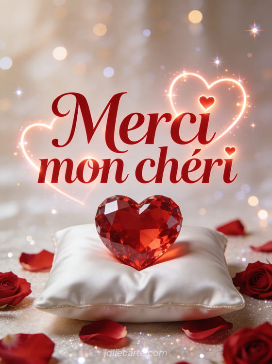 Grand coeur en cristal rouge sur coussin de satin blanc entouré de pétales de roses avec lumières scintillantes et le texte Merci mon chéri