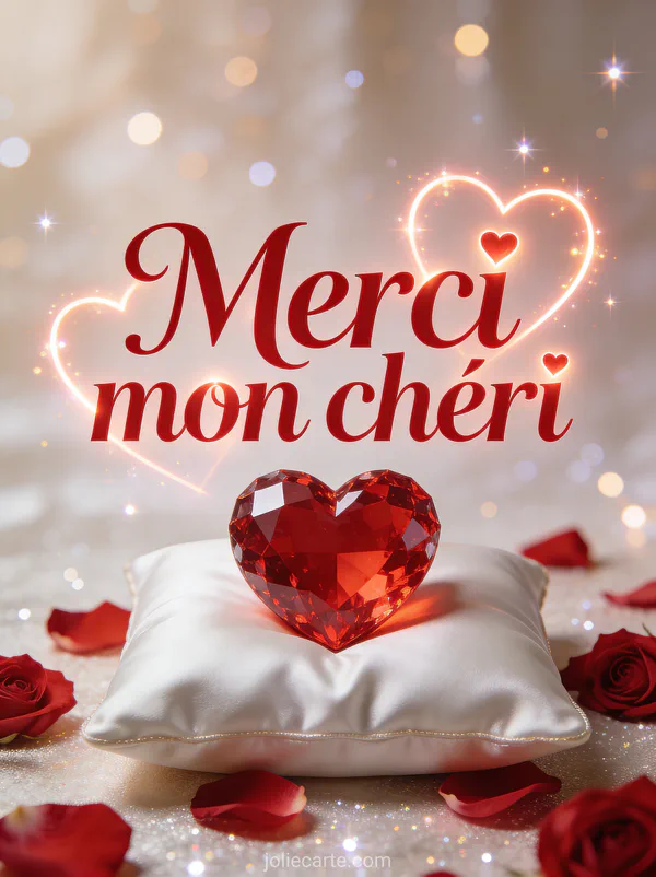 Grand coeur en cristal rouge sur coussin de satin blanc entouré de pétales de roses avec lumières scintillantes et le texte Merci mon chéri