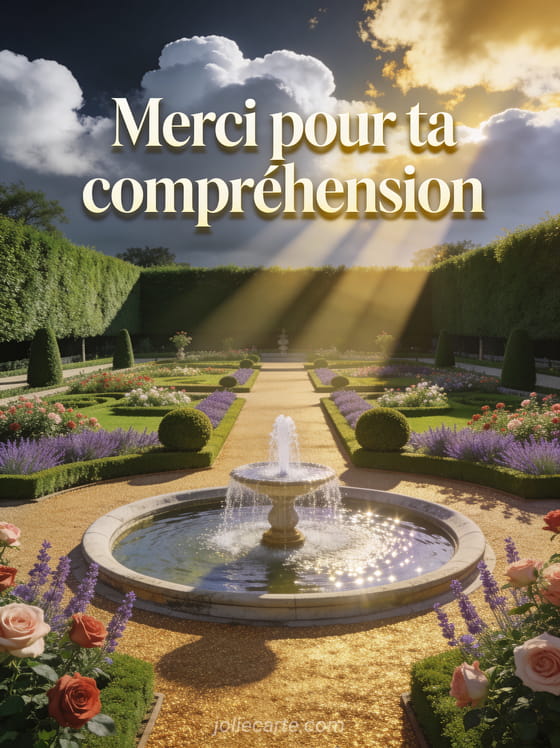 Jardin à la française avec parterres de roses et lavandes, fontaine centrale et faisceaux de lumière dorée