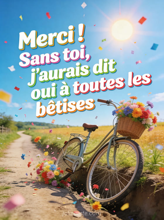 Vélo vintage avec panier débordant de fleurs multicolores à moitié tombé dans un fossé avec confettis colorés dans l'air