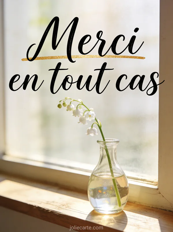 Brin de muguet dans un petit vase en verre sur un rebord de fenêtre ensoleillé avec le texte Merci en tout cas en lettres manuscrites