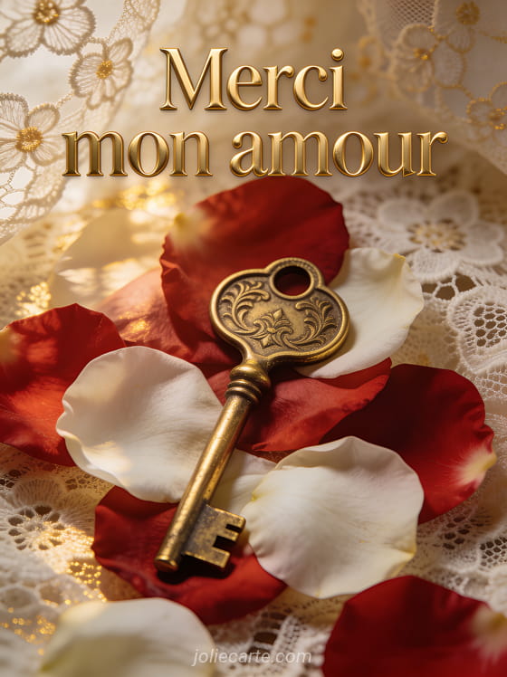 Clé dorée ancienne style vintage posée sur un lit de pétales de roses rouges et blanches avec dentelle crème