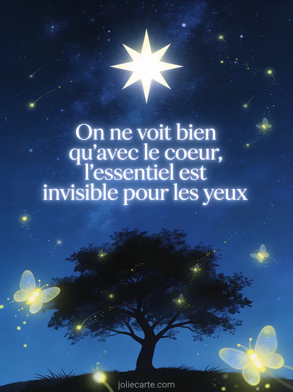 Ciel étoilé bleu nuit avec grande étoile brillante et lucioles scintillantes avec silhouette d'arbre au premier plan