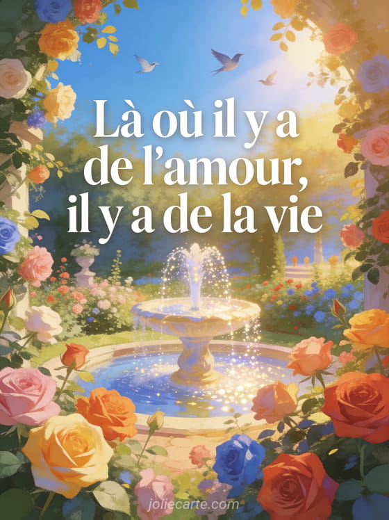 Jardin luxuriant avec roses multicolores, fontaine scintillante au centre, oiseaux en vol et ciel bleu radieux