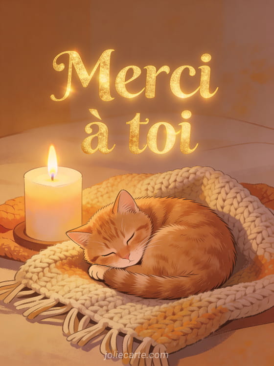 Petit chat roux endormi en boule sur un plaid tricoté à côté d'une bougie allumée avec couleurs chaudes automnales et le texte Merci à toi