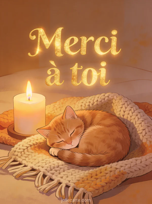 Petit chat roux endormi en boule sur un plaid tricoté à côté d'une bougie allumée avec couleurs chaudes automnales et le texte Merci à toi