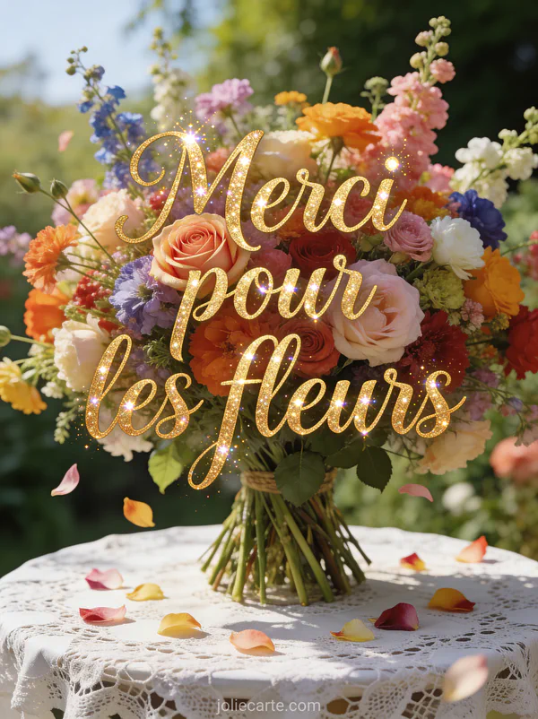 Bouquet de fleurs multicolores sur table blanche avec dentelle, pétales éparpillés et lumière douce du matin