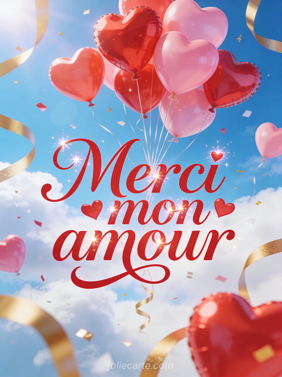 Ballons en forme de coeur rouges et roses s'envolant dans un ciel bleu avec rubans dorés et confettis