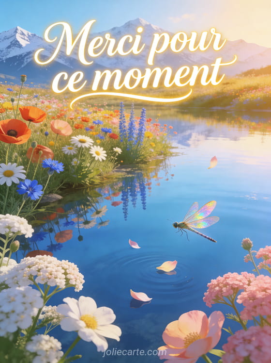 Prairie multicolore de coquelicots marguerites et bleuets au bord d'un lac miroir avec montagnes enneigées et libellule irisée