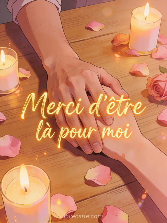 Deux mains entrelacées sur une table en bois avec bougies allumées et pétales de roses éparpillés en lumière tamisée