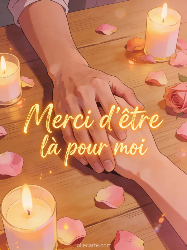 Deux mains entrelacées sur une table en bois avec bougies allumées et pétales de roses éparpillés en lumière tamisée