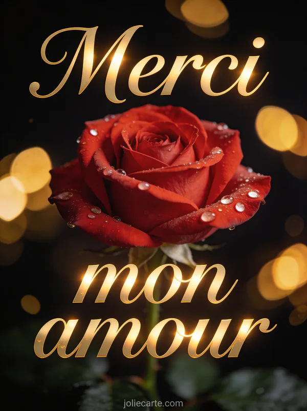 Rose rouge unique avec gouttes de rosée sur les pétales sur fond noir avec lumières bokeh dorées