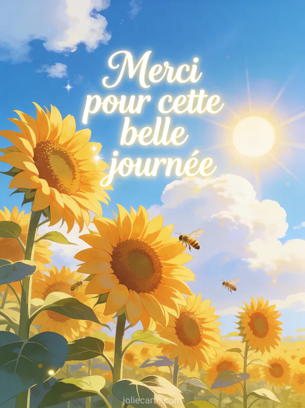 Champ de tournesols géants sous un grand ciel bleu avec soleil radieux et abeilles qui butinent
