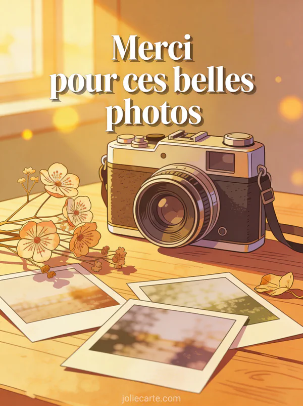 Appareil photo vintage sur table en bois avec tirages photos éparpillés et fleurs séchées en lumière dorée d'après-midi