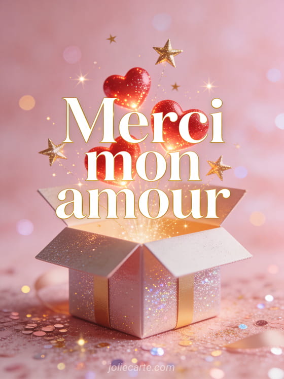 Boîte cadeau ouverte d'où sortent des coeurs rouges lumineux et étoiles dorées sur fond rose pastel avec paillettes