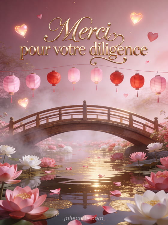 Pont en bois courbé au-dessus d'un étang couvert de lotus roses et blancs avec lampions roses et coeurs lumineux flottants