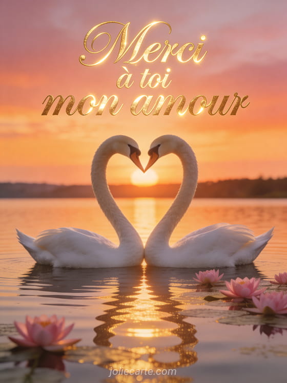 Deux cygnes blancs formant un coeur avec leurs cous sur un lac calme au coucher du soleil avec nénuphars roses