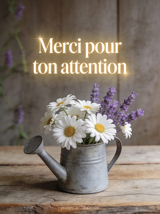 Marguerites blanches et lavande dans un arrosoir en zinc vintage sur table en bois rustique avec lumière naturelle