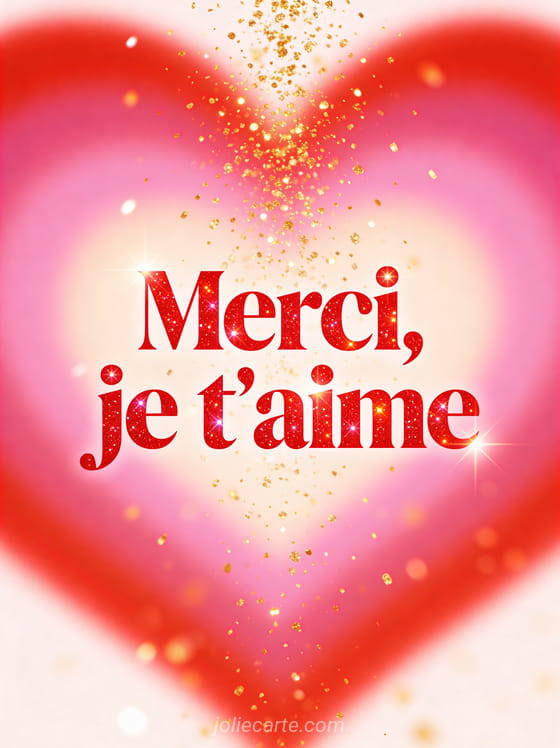 Fond de coeurs rouges et roses en dégradé avec paillettes dorées tombant comme de la pluie et le texte Merci je t'aime en lettres rouges