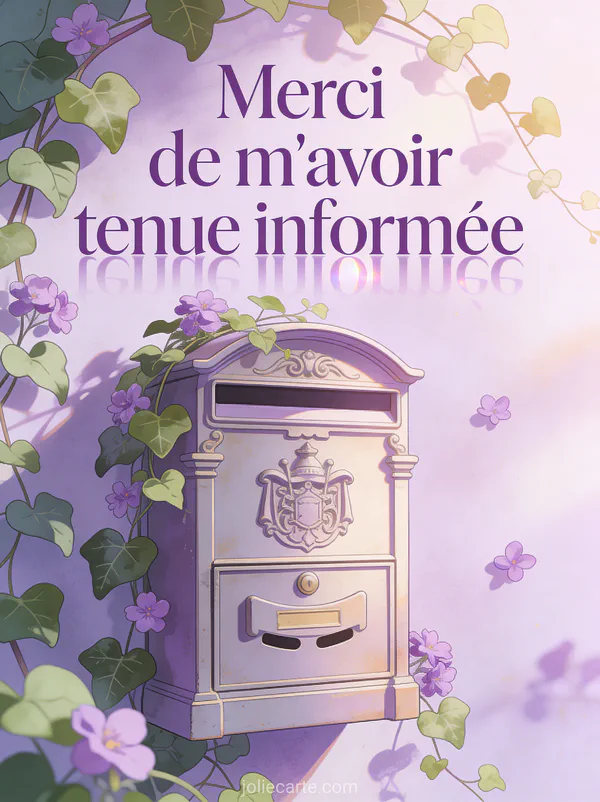 Boîte aux lettres vintage entourée de lierre et de petites fleurs mauves en lumière douce du matin avec le texte Merci de m'avoir tenue informée