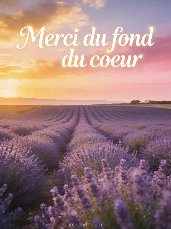 Paysage de lavande en Provence au soleil couchant avec champs violets à perte de vue et ciel doré et rose