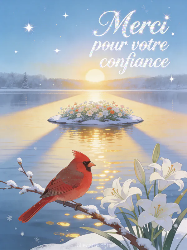 Petite île fleurie au milieu d'un lac calme avec bouvreuil rouge sur branche de lys blancs et neige légère sur les branches