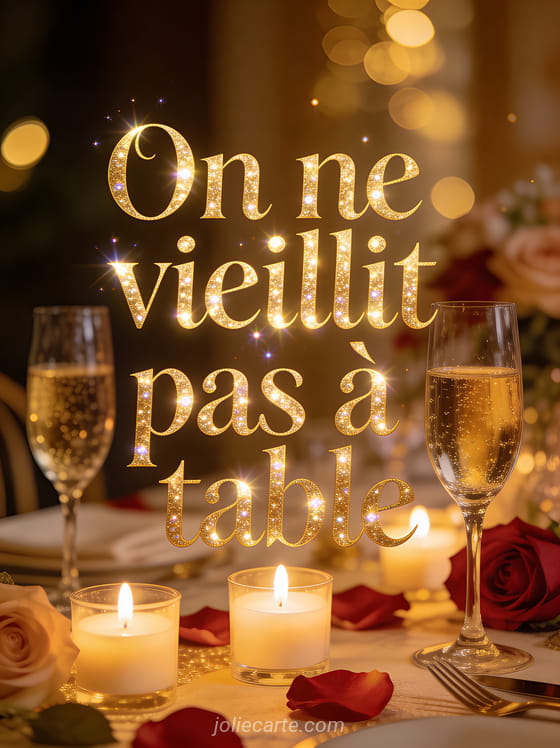 Table de fête dressée avec verres de champagne, bougies allumées et pétales de roses, texte doré On ne vieillit pas à table