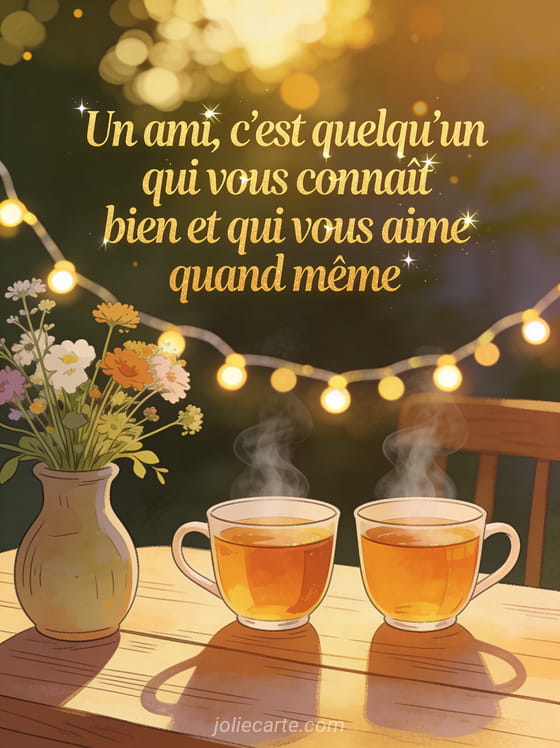 Deux tasses de thé fumantes sur une table en bois avec fleurs sauvages et guirlandes lumineuses, texte doré sur l'amitié