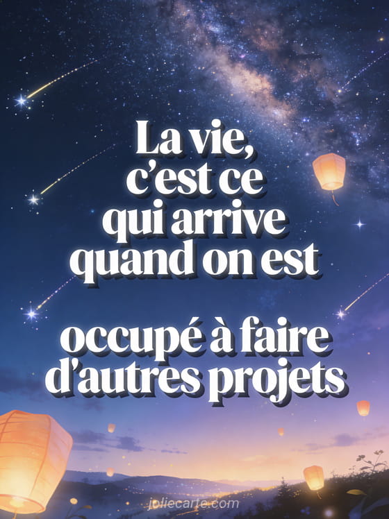 Ciel étoilé avec voie lactée, étoiles filantes et lanternes volantes au-dessus d'un paysage nocturne lumineux, texte en typographie moderne