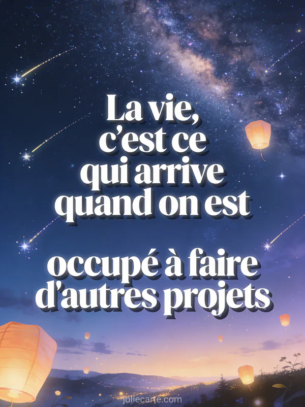 Ciel étoilé avec voie lactée, étoiles filantes et lanternes volantes au-dessus d'un paysage nocturne lumineux, texte en typographie moderne