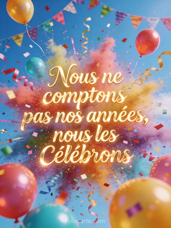 Explosion de confettis multicolores et rubans avec ballons brillants flottant dans un ciel bleu, guirlandes festives, texte doré cursif