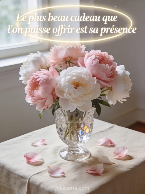 Bouquet de pivoines roses et blanches dans un vase en cristal avec pétales sur nappe en lin, lumière douce naturelle, texte blanc élégant