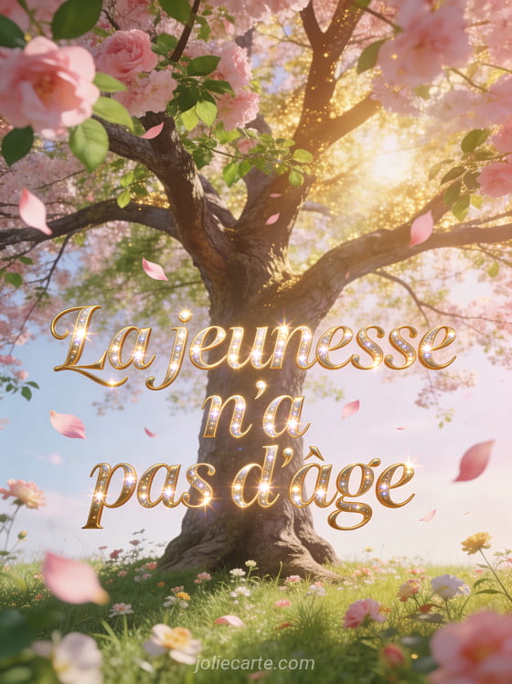 Arbre majestueux en pleine floraison printanière avec pétales roses volant dans le vent, lumière dorée filtrant à travers les branches, texte doré